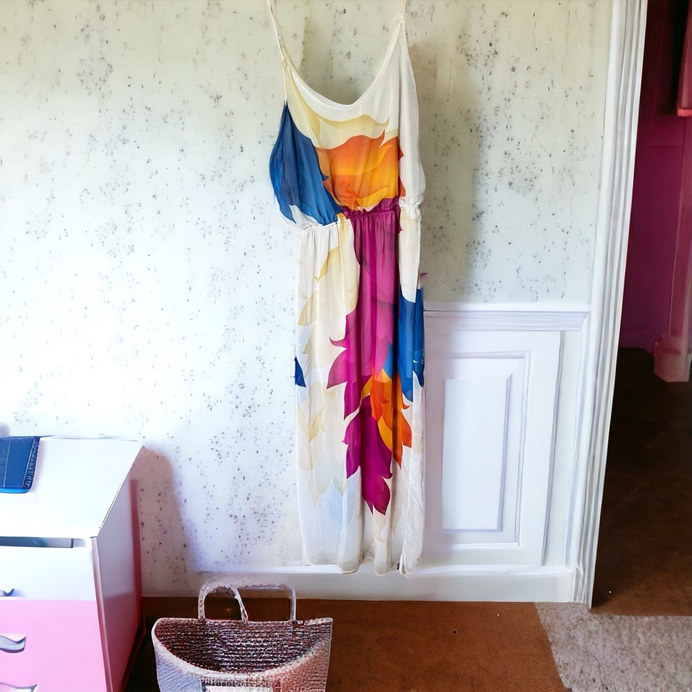 Watercolor Colorful Style Long Flowy Maxi Dress with Rouched Top size L